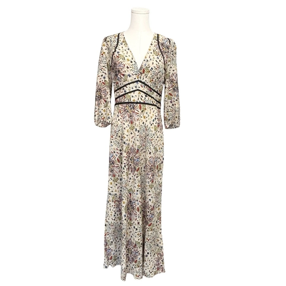 BWT Ba&sh Fazia Medallion Print Maxi Dress Size 2 / M Beige With Black Trim $420 - Picture 3 of 16